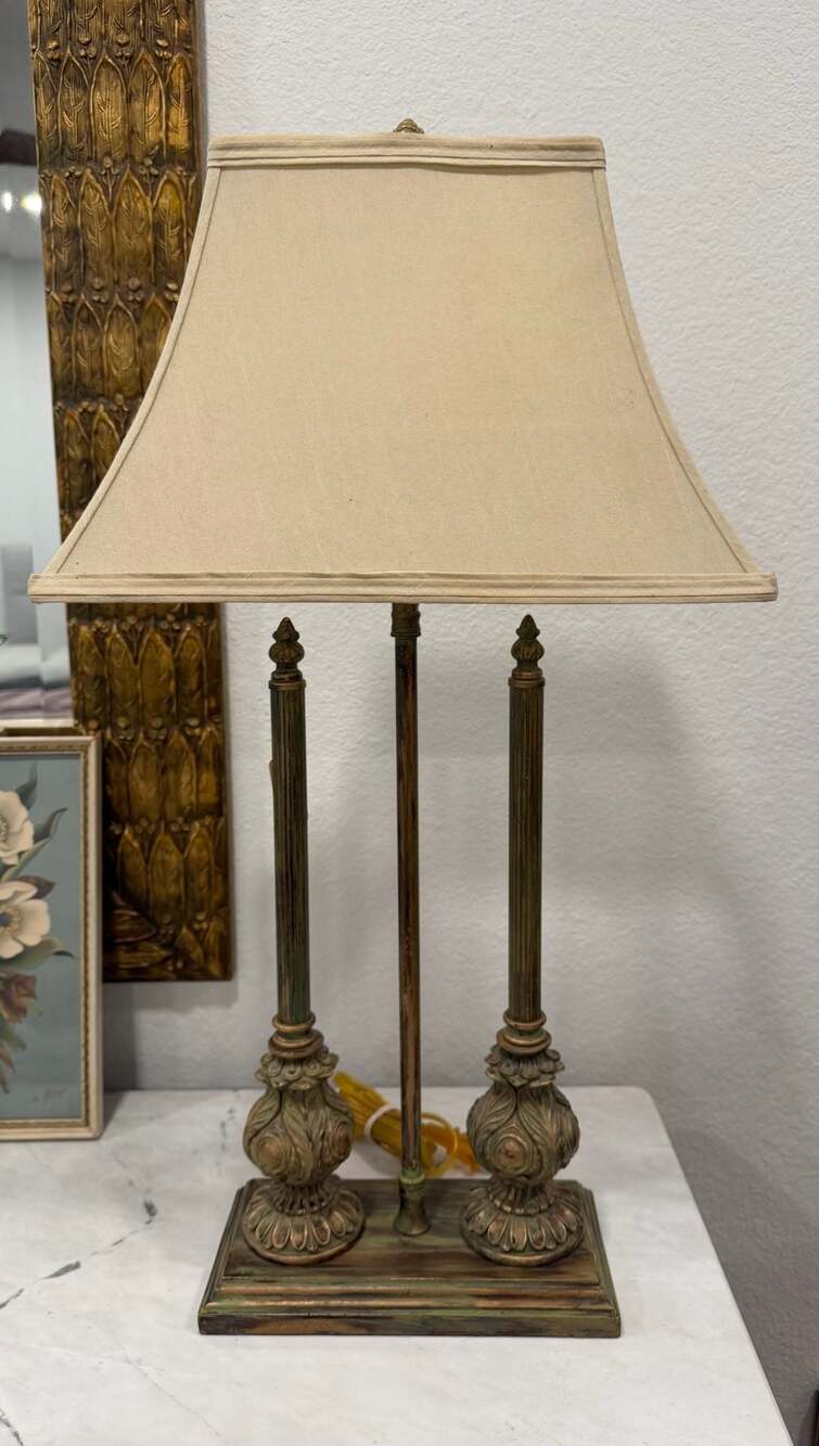 Vintage Neoclassical 3-Pillar Table Lamp with Beige Shade